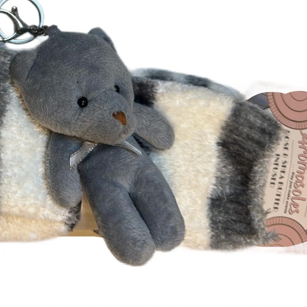 Aromasoles shea butter infused grey white striped fuzzy slipper socks keychain